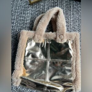 Madden Girl Metallic Gold Tote with Beige Faux Fur Trim